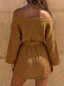 Plus Size Muslin Belted Kimono – Lightweight Relaxed Fit Beach Cover Up Robe - Coffee Brown - View 2
