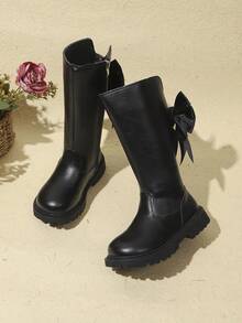 1 Pair Black Girls' Sweet Straight-Leg High-Top Leather Boots, Shiny Soft PU Material + Side Satin Pearl Bow Decor, Back Zipper Non-Slip Gear Thick Sole Design, Gentle Princess Style, Suitable For Daily Casual, School, Party, Performance, Travel, Vacation, Autumn/Winter New 2026 - Black - View 5