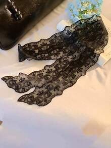1件柔軟優雅蕾絲時尚花卉刺繡圍巾，女款辦公手腕帶/髮帶/頭巾/頸巾 - 黑色 - 查看 3