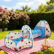 Indoor/Outdoor Pretend Play Blue Polka Dot 3 Pieces Set Ball Pit Tunnel Castle Kids Tent, Blue Polka Dot 3 Pieces Set Theme Play House, Hide And Seek Secret Base For Boys And Girls, Ideal Holiday Family Party Gift - Blue - View 4