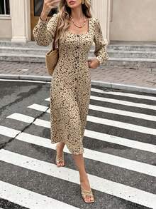 Women Fall Floral Midi Dress, Square Neck Long Sleeve Button Front Vintage Print A‑Line Dress - Multicolor - View 8