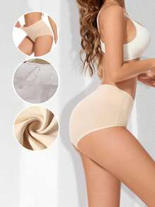 2pcs Women's Cotton Solid Color Plus Size High Waist Period Panties, Simple Basic Tummy Control Seamless Triangle Briefs, Comfortable And Soft - Apricot - View 2