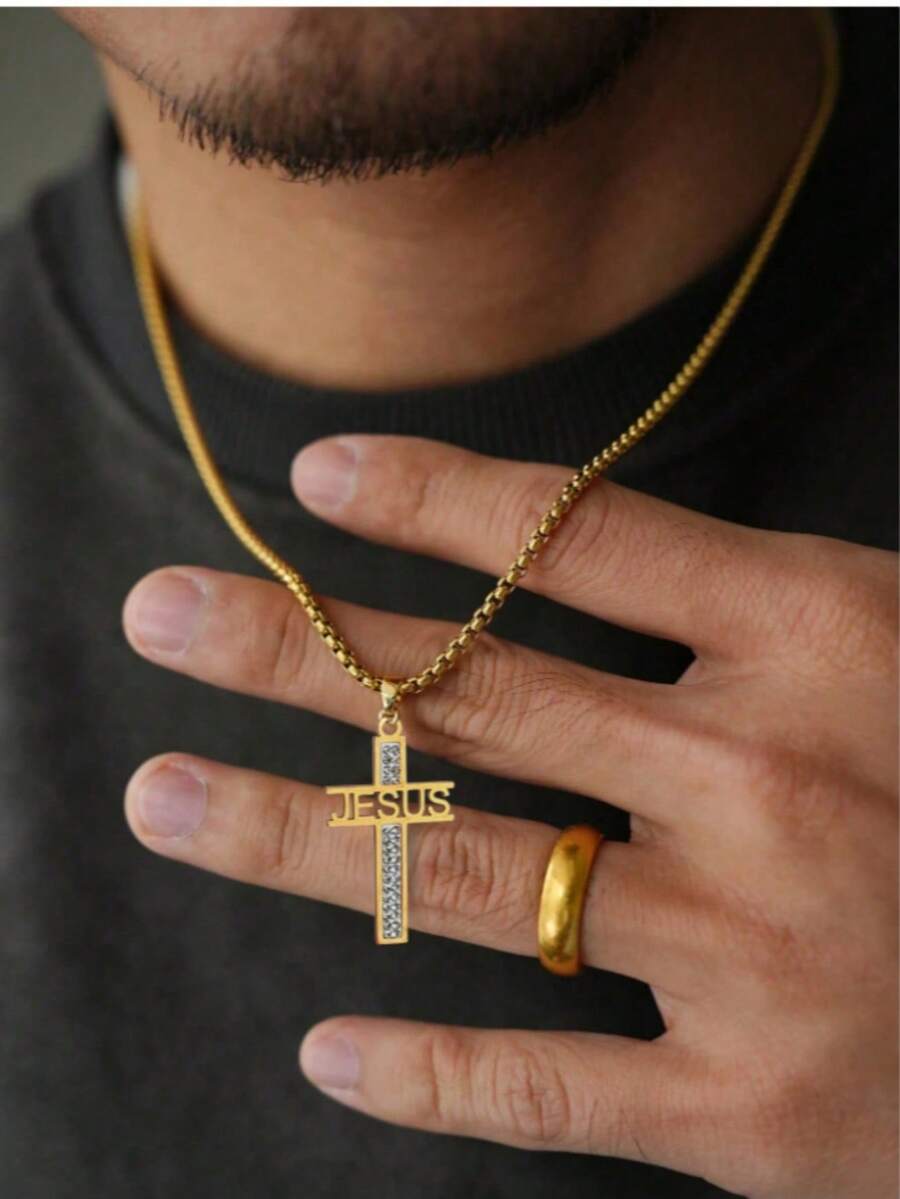 1件裝 JESUS 水鑽十字架男士不鏽鋼項鍊,18K鍍金,防水防褪色,海灘度假假期信仰飾品 - 十字項鍊 - 查看 1