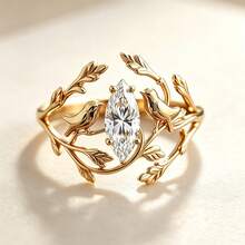 Anillo Creativo de Rama Ancha & Pájaro, Chapado en Oro de 18K, Anillo de Estilo Pastoral para Mujer, Joyería de Fiesta Nocturna con Circonita en Forma de Pera - Dorado - Ver 10