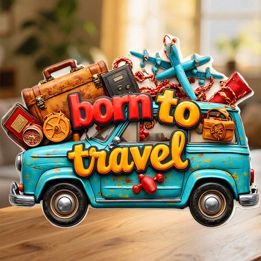 Born To Travel 復古露營車、復古行李箱與探險裝備磁鐵,永不熄滅的旅行熱情,適用於家中所有金屬表面 - A - 查看 1