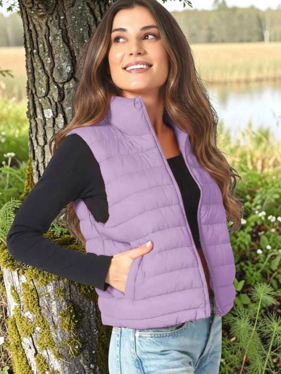 CHALECO PARA MUJER, ELEGANTE CASUAL LISO, GRAN CALIDAD,CUELLO ALTO, CON CIERRE, VARIOS COLORES - Lila Púrpura - Ver 1