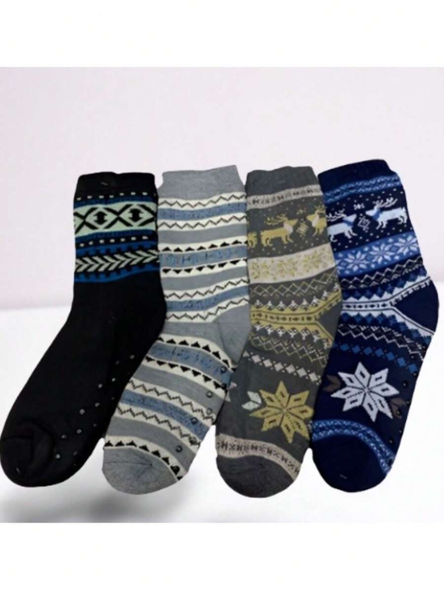 Meias Adulto Unissex Forrada Com Pelúcia e Solado Antiderrapante Estampada E Lisa Outono Inverno(Entrega aleatória de cores) - Multicolorido - Visão 1