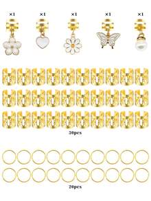 55pcs Pure White Romantic Garden Hair Rings With Pearl, Heart, Butterfly, Daisy & Camellia - Elegant Adjustable Hair Cuffs For Women's Dreadlocks - Gold - View 4