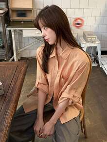 Women's Loose Crinkled Soft Thin Long Sleeve Shacket With Sleeve Tab Design And Small Plaid Pattern, Summer - Orange - View 4