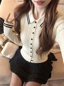 秋冬女款韓式休閒撞色條紋領針織開襟衫，紋理修身長袖上衣，百搭優雅秋季款 - 杏色 - 查看 5