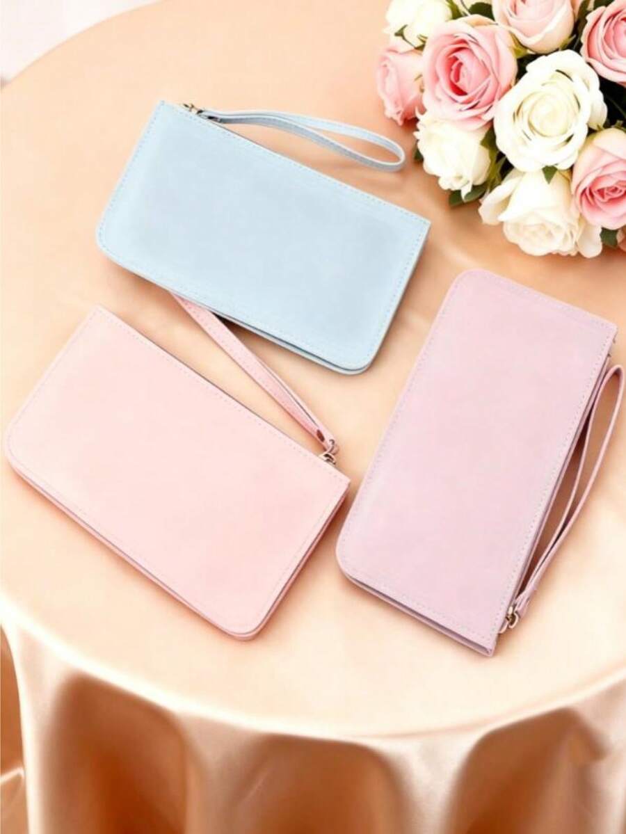 Cartera y tarjetero de PU personalizado con ranuras para tarjetas y correa de muñeca, adecuado para uso casual diario (color de cremallera aleatorio) - Ver 1