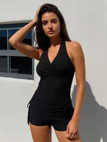 Women's Halter Neck Tankini Set - Ruched Wrap Front Swimsuit With Drawstring Shorts, Tummy Control Black Bathing Suit For Beach - Black - View 3