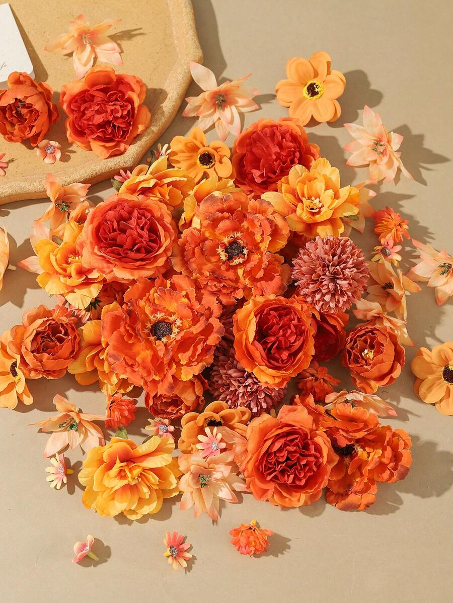50PCS/100PCS Orange Tone Mixed Artificial Flower Head Set, Autumn Artificial Flower Head Wall Decoration, Suitable For Autumn Decor, Room Decor, Wedding Decor, Home Decor, Tabletop Wall Decor, Garden Decoration, Floral Arrangement Craft, Holiday Gift Choice - Orange - View 1