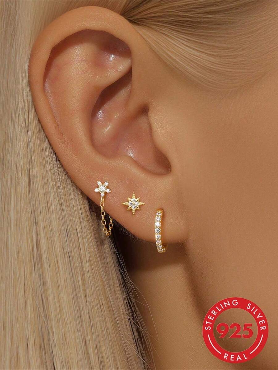 925 Sterling Silver Dangle Earrings, 18K Gold Plated Earrings For Women, Hypoallergenic Delicate Stackable Earring Jewelry Set