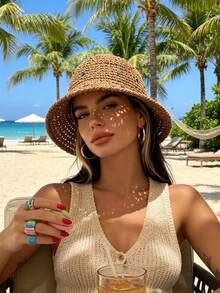 1 buah Topi Jerami Pantai Wanita Berlubang dengan Hiasan Berlian Imitasi, Topi Pantai Pelindung Matahari Musim Semi/Panas, Cocok untuk Liburan, Pemakaian Sehari-hari, Fotografi, dan Berpakaian - Berlian Berwarna 8056 - View 6