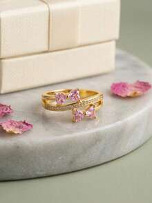1pc Sweet Romantic Pink Sparkling Cubic Zirconia Double Bow Double Layer Cross Ring, Women's Daily Commute Date Wear Jewelry Gift - Gold - View 4