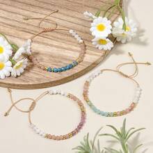 1pc Elegant Minimalist 4mm Natural Moonstone, Sunstone & Aquamarine Braided Adjustable Bracelet, Energy Healing Crystal Stone Jewelry For Women, Suitable For Daily Wear, Vacation, Layering, Versatile Accessory, Perfect Gift Choice - Multicolor - View 6