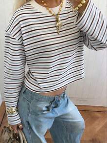 Women's Colorful Striped Long T-Shirt, Round Neck, Knit Fabric, Moderate Elasticity, Regular Length, Casual Top, All-Season Versatile Top White - White - View 3