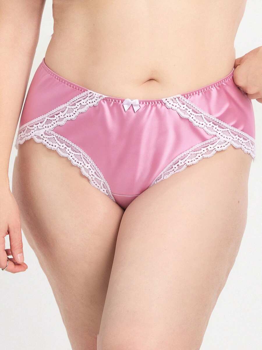 Aesletic 1条大码女士缎面蕾丝亮粉色蝴蝶结性感内裤。采用透气、光泽、轻盈且高弹的蕾丝面料制成,专为女性设计。 - 粉色 - 查看 1
