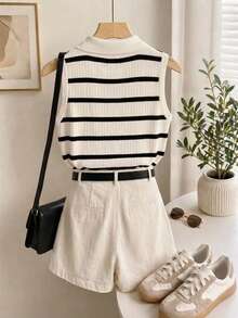 Women's Casual Striped 2 Pieces Set, Including Collar Top And Shorts, High Elastic Knit Fashion Outfit - Multicolor - View 2