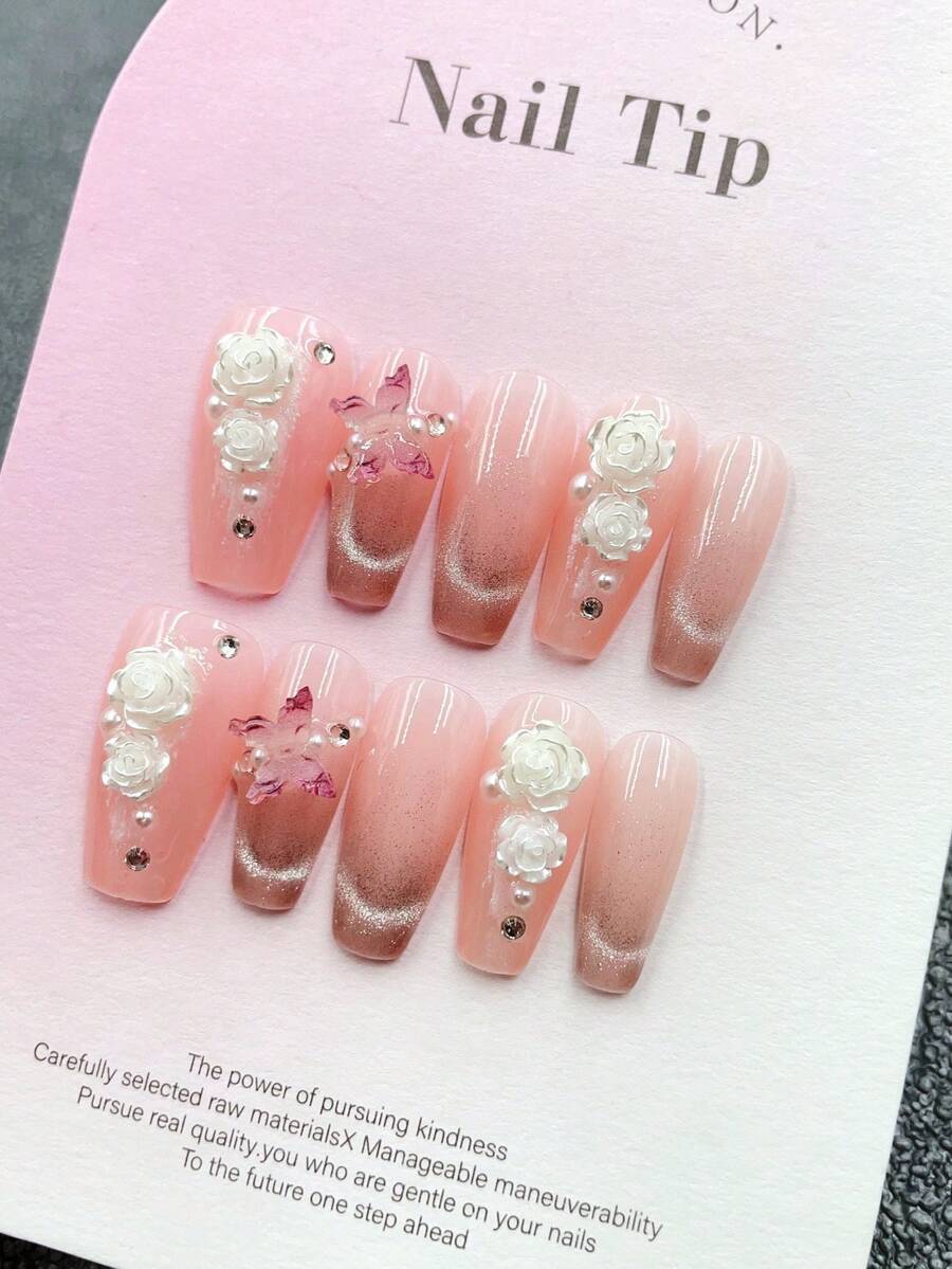 10pcs Medium Tapered Fake Nails With Nude Pink Base & Brown Glitter Gradient, 3D White Roses, Pearl & Rhinestone Accents Gentle Fairy Style Handmade Press On Acrylic Nails Reusable With Jelly Glue Sticker, Stick & File For Women Daily Or Party Wear - Multicolor - View 1