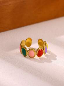 1 Pc Fashion Enamel Drip Oil Colored Star Ring For Women Stainless Steel Open Ring Summer Bohemian Jewelry Gifts - Gold - View 8