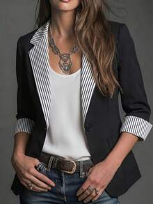 Women's Colorblock Striped Lapel Blazer, 3/4 Rolled Sleeve Single Button Casual Suit Jacket, Commute Slim Fit Versatile Top, Black, Autumn - Black - View 2