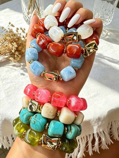 Random 6/3/1pc Fashion Vintage Old Money Style Chunky Geometric Asymmetric Beaded CCB Acrylic Bracelet Set, Summer Vibe Bohemian Casual Jewelry For Women, Suitable For Daily Wear, Dating, Versatile, Exaggerated Elegant Accessory For Party, Beach, Vacation, Birthday Gift