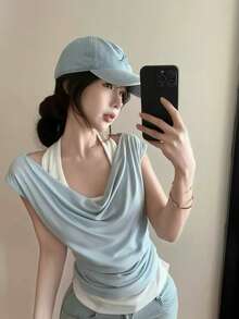 女款 2 合 1 披肩領短袖 T 恤，夏季性感甜辣風露肩垂領上衣 - 藍色 - 查看 3