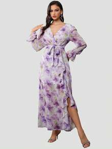 1 pieza Vestido maxi elegante de manga larga con cuello en V, estampado y volantes, vestido formal de lujo para fiesta de graduación, boda y cóctel para mujer - Morado - Ver 3
