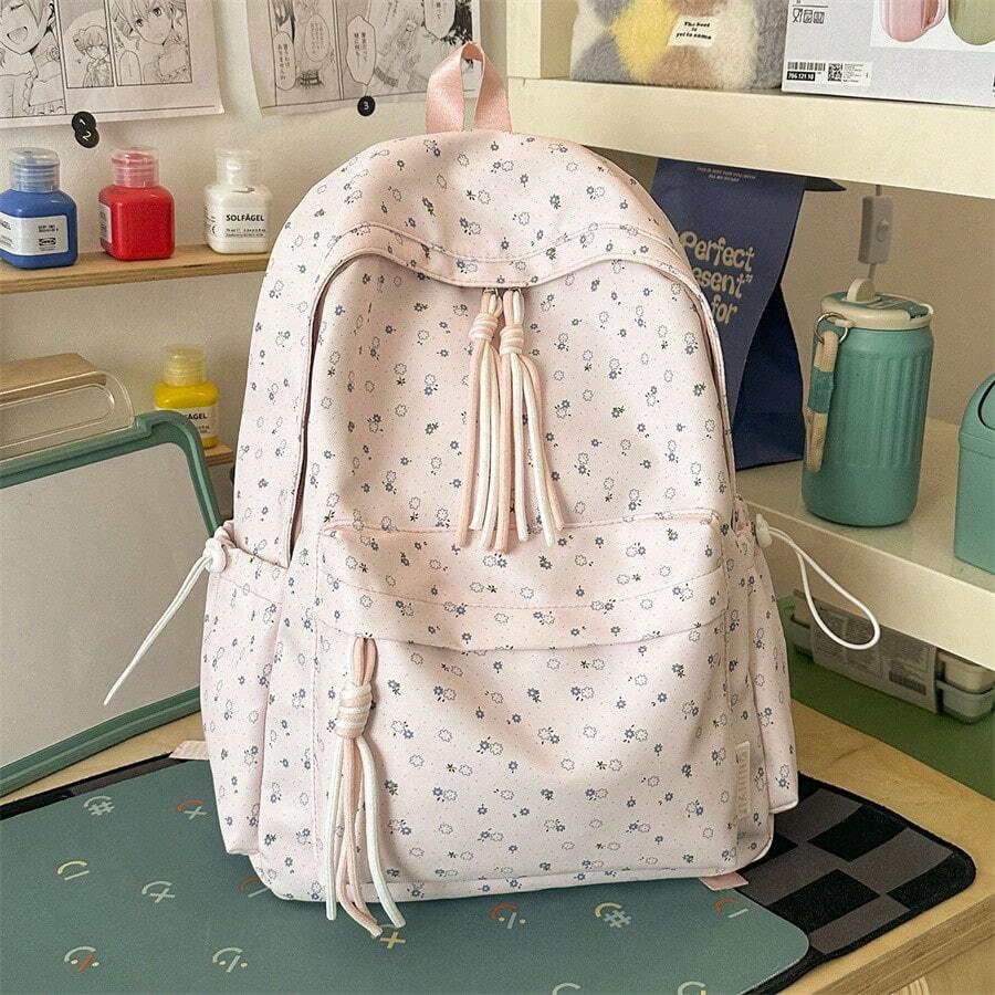 新款 Ins 風格花卉女款學生後背包,可愛大容量書包,適合國高中生的休閒旅行後背包 - 粉色 - 查看 1