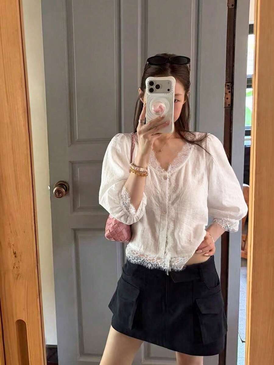 Women's Spliced Lace Summer French Gentle Single-Breasted Shirt White - White - View 1