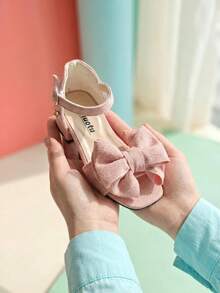 1 Pair 026 New Girls' High Heel Slippers, Casual Sweet Style, Rhinestone Trim Mesh Bow Decor, Ankle Buckle Slippers, Chunky Heel Gentle Fairy Style, Spring/Summer Versatile Dress Shoes - Pink - View 4