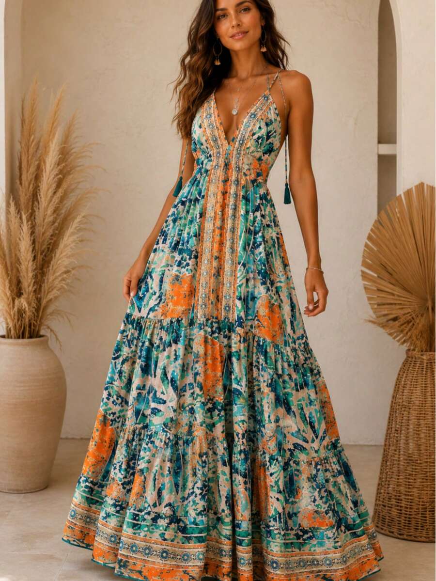 Long Dress Costs Nude - Dark Green - View 1