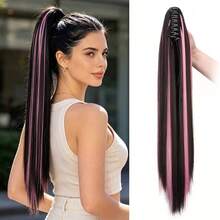 24 Inch Claw Clip Ponytail Extension For Women High Heat Resistant With Mix Highlights Pony Tails Hair Extensions Synthetic Wigs In Black Gradient, Burgundy T Are Available In Multiple Colors Festivals, Halloween, Christmas, Dates, And Gatherings - Multicolor - View 14