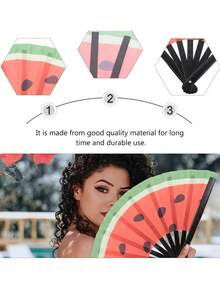 1 Pc D EXCEED Large Folding Hand Rave Fan, Watermelon Print Design, Music Festival, Carnival, Rainbow Outfits, Disco, Neon, Glow Party Decorations - Multicolor - View 3