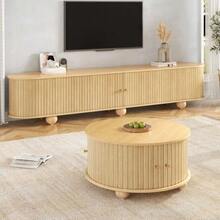 Coffee Table And TV Unit Set, Round Coffee Table With Curved TV Unit, Vertical Relief Structure, Sliding Doors, MDF Frame, Metal Handles, Spherical Metal Feet, Versatile Storage Space - 自然色 - 查看 4