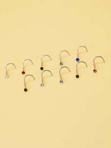 40pcs Random Color Rhinestone Basic Minimalist Women's Stainless Steel Nose Studs - White L + White S + Colored L + Colored S - View 3