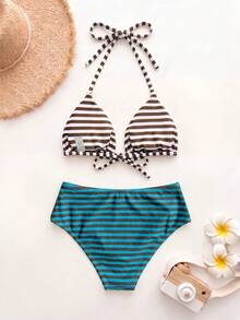 Women's Striped Print Halter Bikini Set, Fashionable Two Pieces Summer Beach Vacation Swimsuit, Suitable For Vacation, Pool Parties, And Daily Holidays - Multicolor - View 4