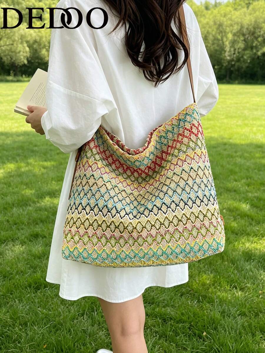 Dedoo 女款手工編織格紋拼接大容量托特包，沙灘包，適合夏季、度假與日常使用，旅行必備，女款夏季草編沙灘包，最受歡迎女款沙灘包，沙色，沙灘必備，適用於沙灘使用