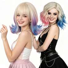 Peruca Sintética Bob Curta Ondulada Ombré Raiz Loira Pastel Rosa Azul para Cosplay, Role Play, Festa, Feriado, Fantasia, Acessório de Cabelo e Uso Diário, Halloween - Multicolorido - Visão 5