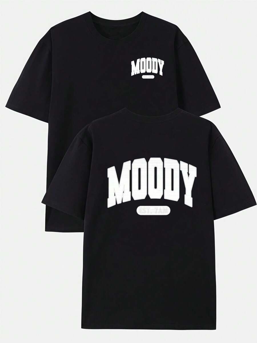 Camiseta de Hombre OODY con Estampado de Doble Cara - Diseño de etras y Patrones (Delantero y Trasero) - Cómoda, de anga Corta y Cuello Redondo para Uso Casual y Deportivo - Esencial para - Negro - Ver 1