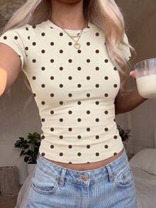 Camiseta casual de mujer con cuello redondo, manga corta, estampado de lunares, plisada, versátil y de moda, estilo de verano, color amarillo - marrón amarillento - Ver 4