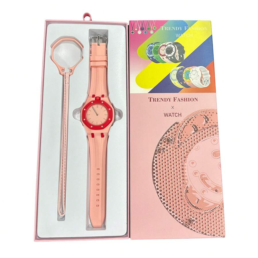 Colorblock Silicone Women's Quartz Watch, Gift Box Set With Matching Color Leather Bracelet, Casual Versatile Wristwatch, Detachable Watch Head, Exquisite Gift Watch Set For Dating (1pc/Set) Includes Watch Box