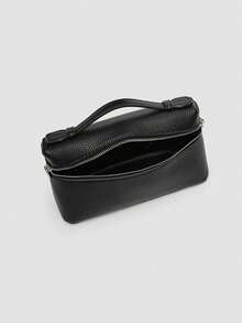 Black Lychee Textured PU Mini Box Handbag With Slim Top Handle And Detachable Spaghetti Strap With Double Handles. Compact Rectangular Cosmetic Bag With Silver Double Zipper Design. Ideal For Minimalist Professional Women, Perfect For Commuting, Dating, Weekend Shopping And Daily Outings. - Black - View 6