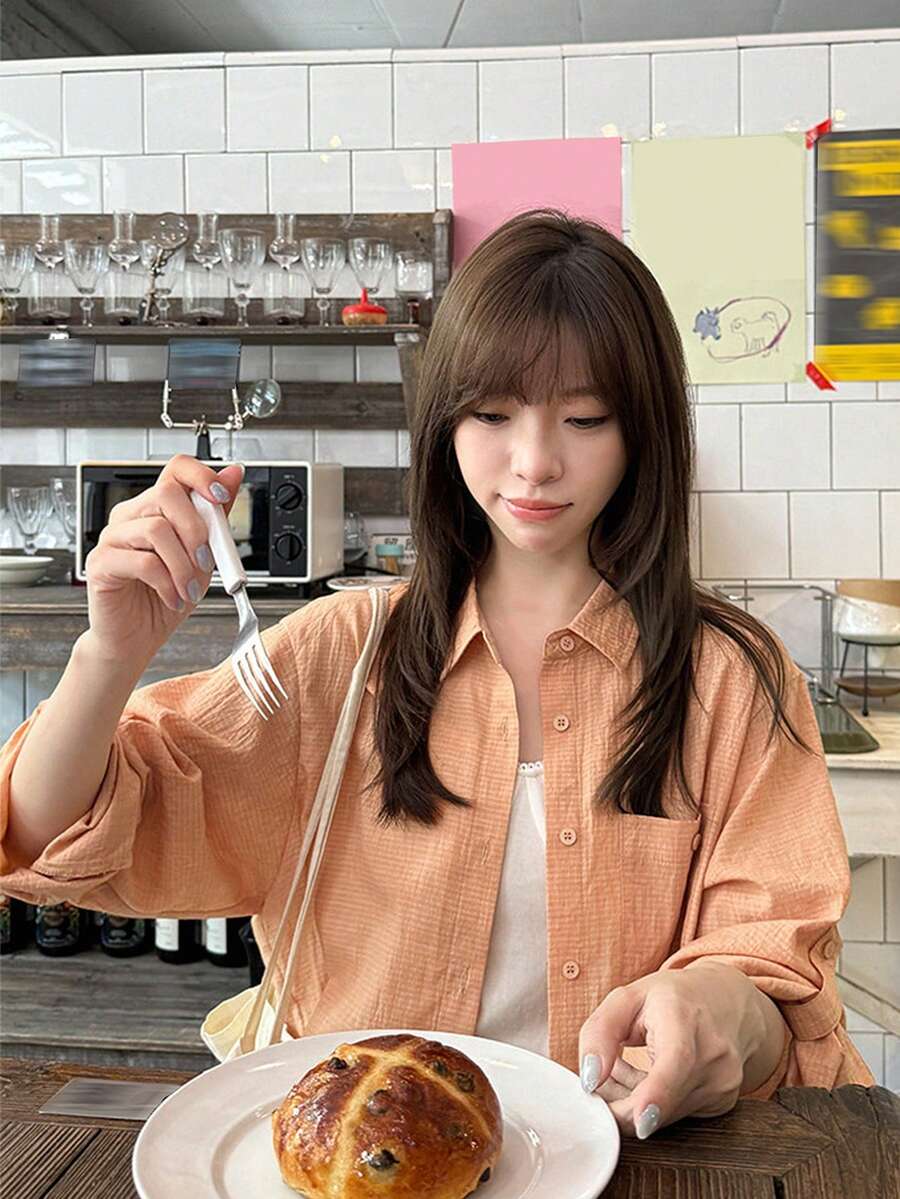 Women's Loose Crinkled Soft Thin Long Sleeve Shacket With Sleeve Tab Design And Small Plaid Pattern, Summer - Orange - View 1