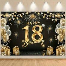 1件 18歲生日裝飾背景布,黑色與金色亮片煙火生日背景,適合家庭聚會、婚禮、成年禮、入口裝飾、居家活動、蛋糕桌裝飾、拍照背景裝飾等 - A - 查看 2