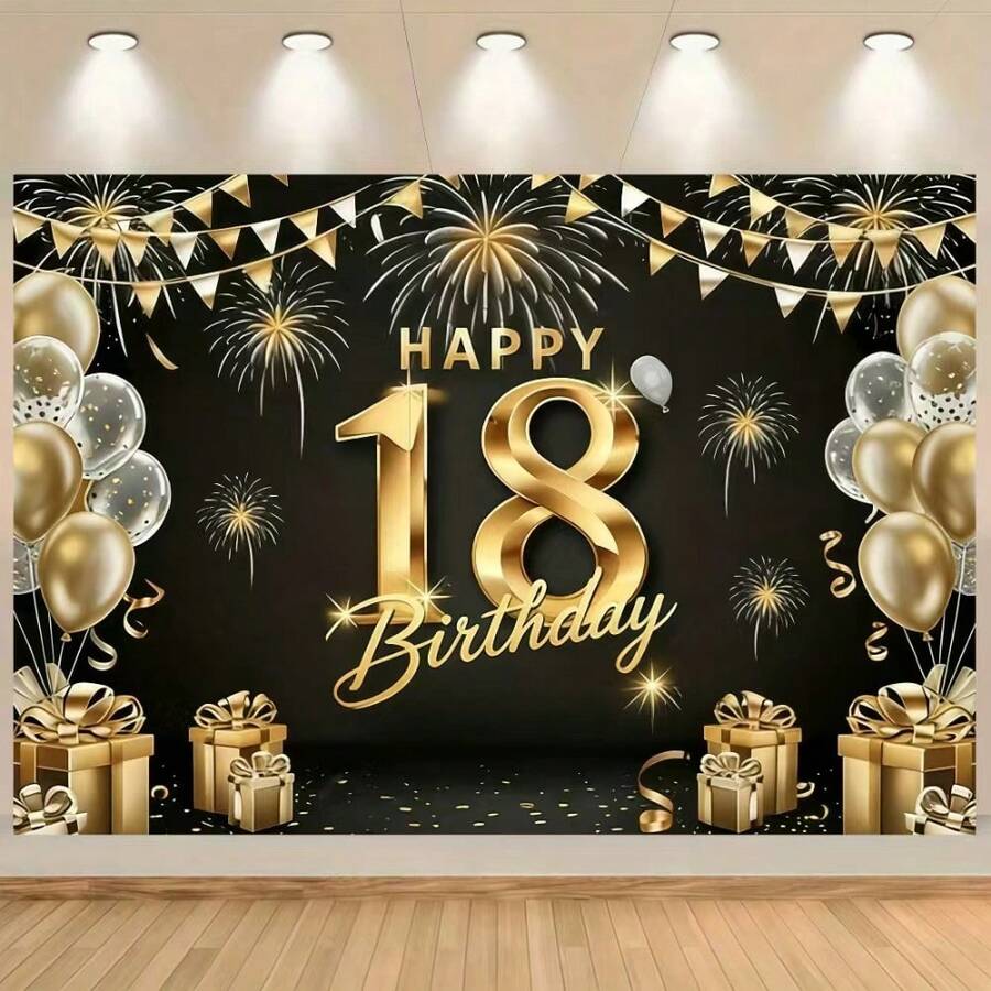 1件 18歲生日裝飾背景布，黑色與金色亮片煙火生日背景，適合家庭聚會、婚禮、成年禮、入口裝飾、居家活動、蛋糕桌裝飾、拍照背景裝飾等