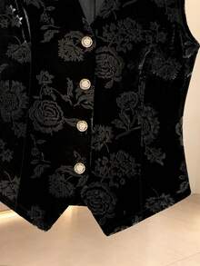 Women's Autumn/Winter Office Daily Wear Inner/Outer Layer Composite Velvet Fabric Embossed Single-Breasted Sleeveless Blazer - Black - View 5
