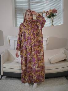 Plus Size Woven Long Prayer Robe, Colorful Abstract Print, Non-Stretch Full Coverage Robe, Suitable For Modest Attire - Multicolor - View 6